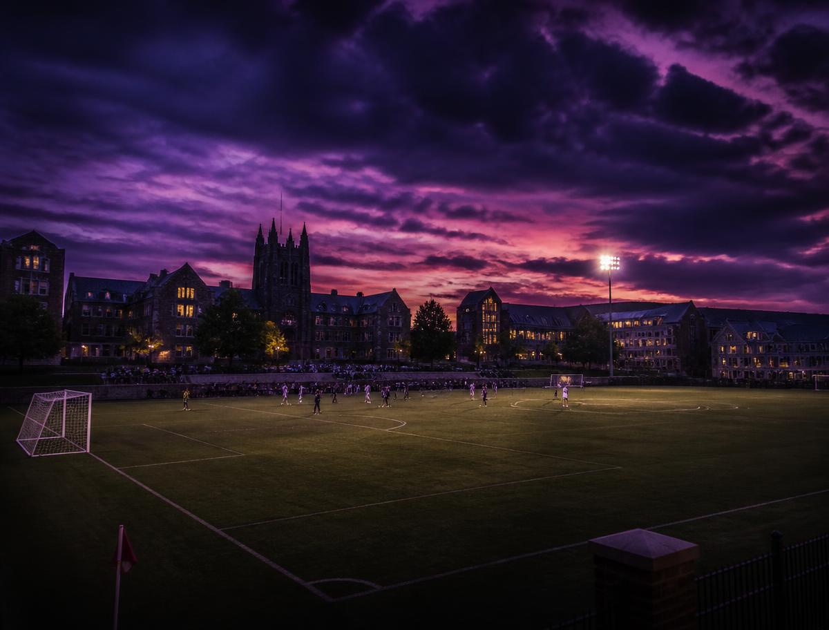 Campo de futebol em campus universitário americano ao entardecer