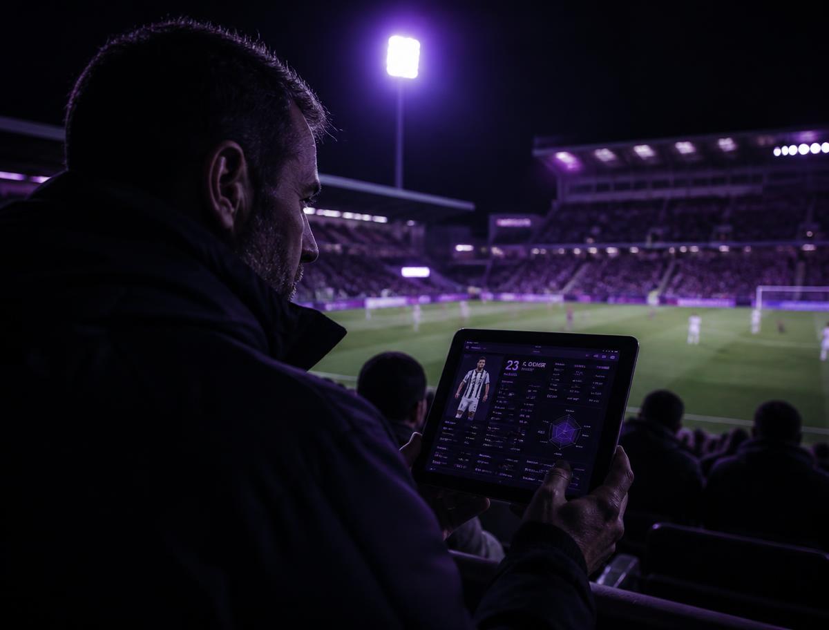 Captador acompanhando um jogo com dados do atleta no tablet
